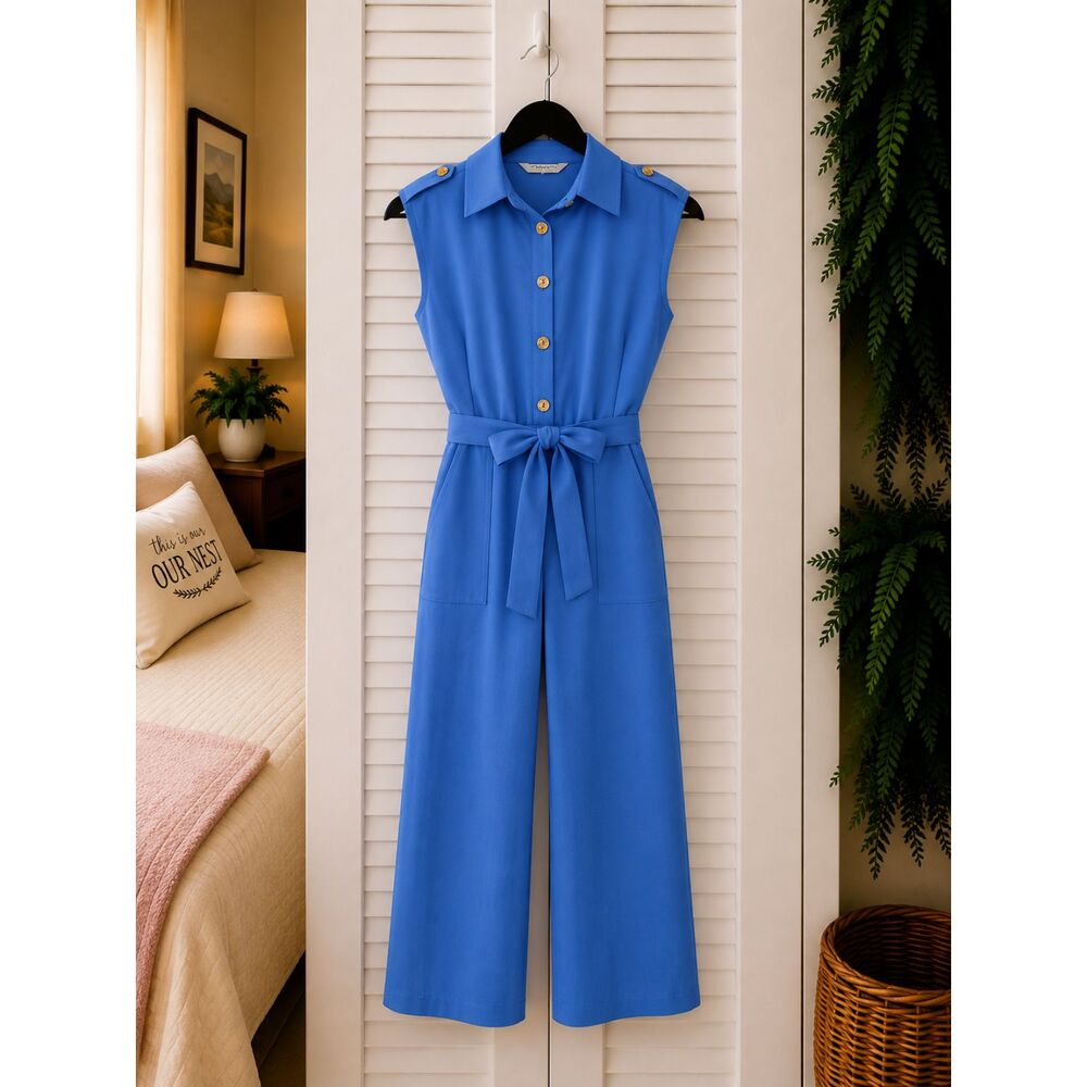 COMMENSE Blue Sleeveless Wide Leg Belted Jumpsuit Gold Buttons S NWT